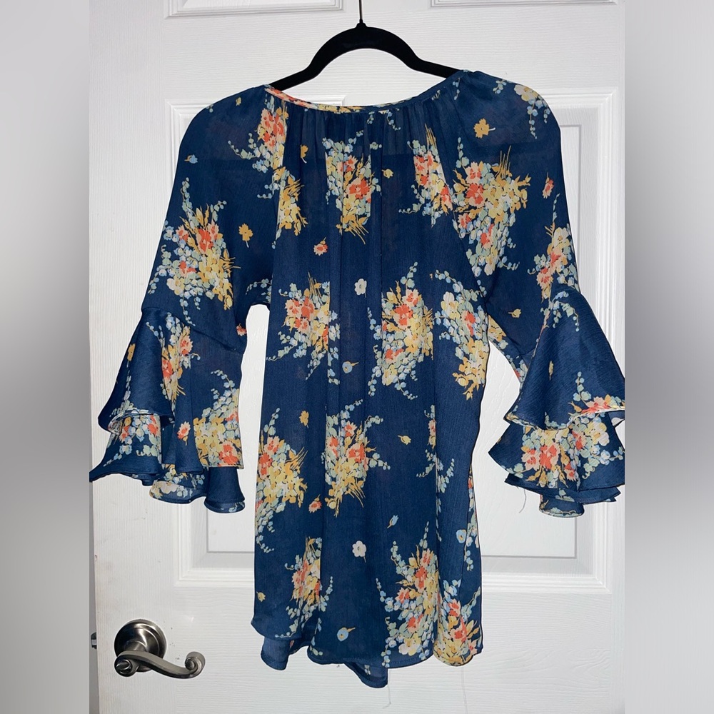 Chaps Navy Floral 3/4 Length Ruffle Sleeve Blouse - Picture 3 of 3